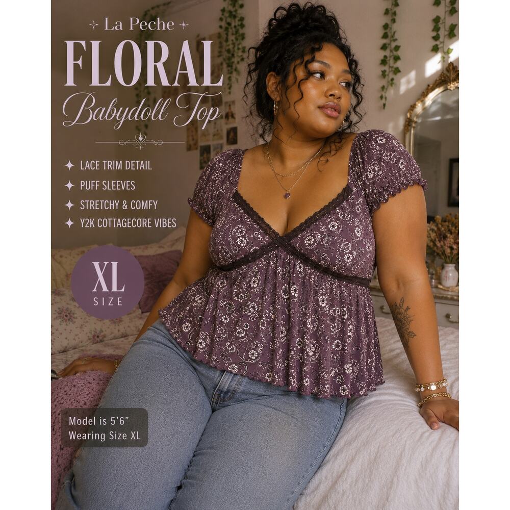 La Peche Floral Lace Trim Babydoll Top XL Purple Cottagecore Y2K Mesh Stretch